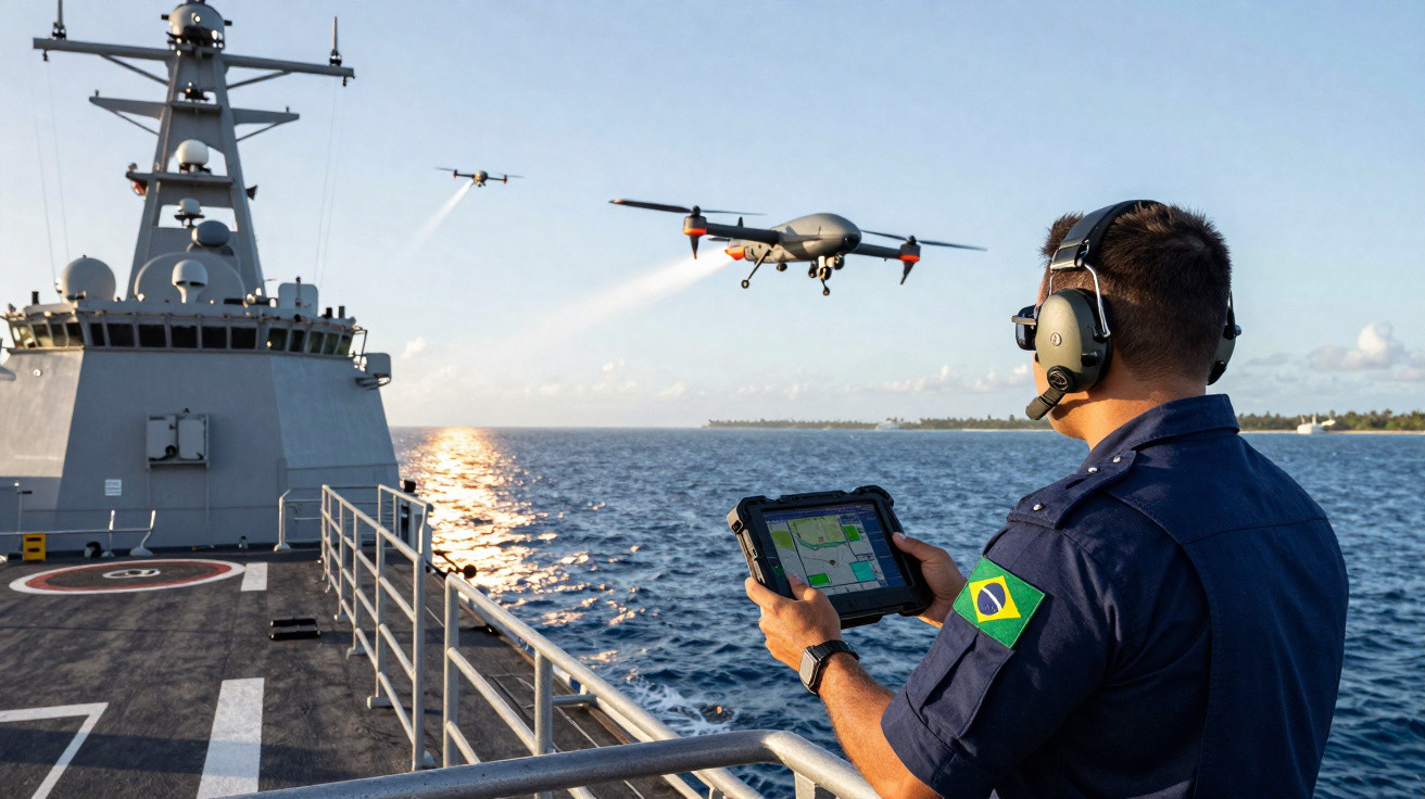 Militar brasileiro controla drone próximo a navio de guerra no mar durante o pôr do sol.