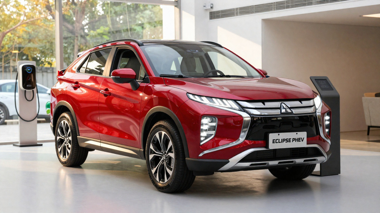 SUV vermelho Mitsubishi Eclipse PHEV em showroom moderno com carregador elétrico ao fundo.