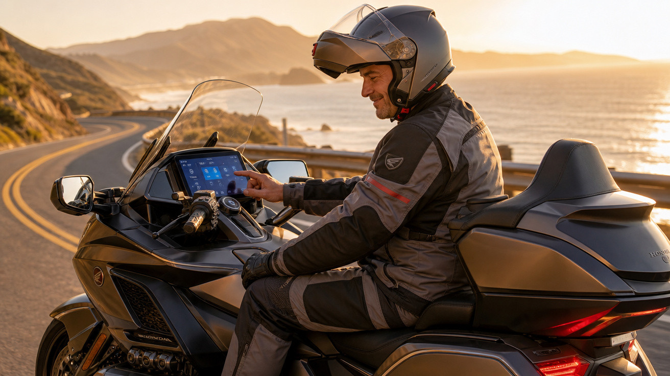 Homem de capacete e roupa de motoqueiro usando tela digital em moto preta na estrada à beira-mar ao pôr do sol.