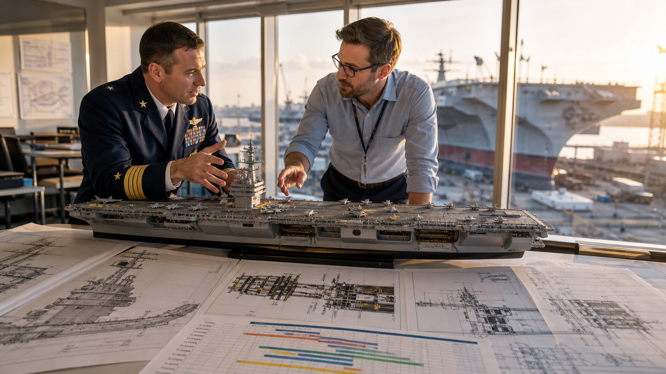 Dois homens analisam maquete de porta-aviões e plantas técnicas em escritório com vista para estaleiro naval ao pôr do sol.