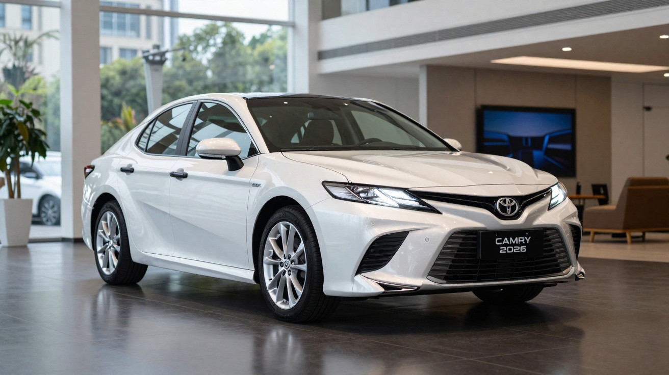 Carro branco Toyota Camry 2026 exibido em showroom moderno com iluminação natural e móvel ao fundo.