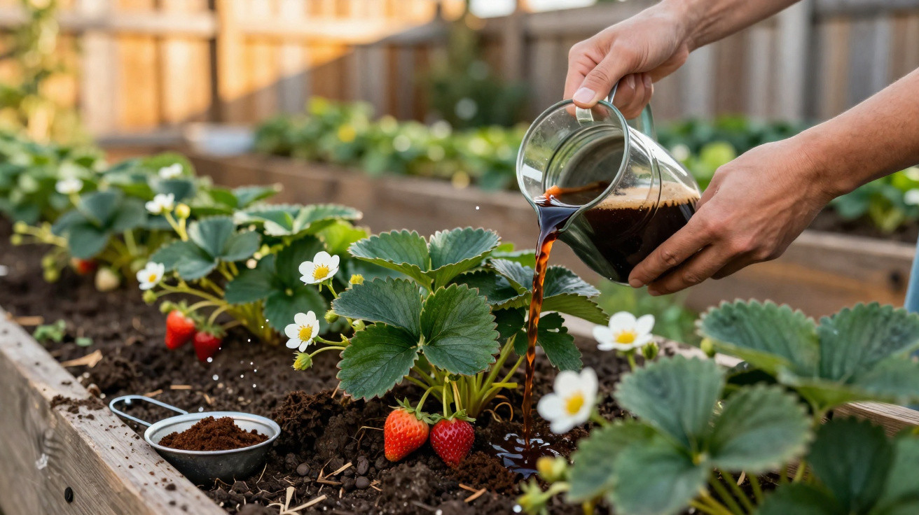 Pessoa regando plantas de morango com café usado em canteiro de madeira com flores e frutos vermelhos.