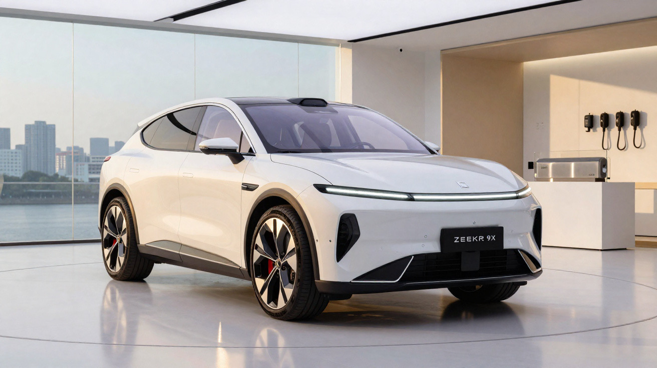 Carro elétrico branco Zeekr 9X em ambiente interno moderno com vidros grandes e vista para a cidade.