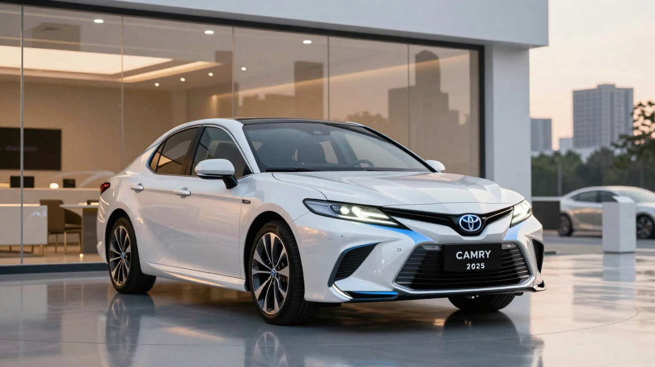 Carro branco Toyota Camry 2025 estacionado em frente a uma loja com paredes de vidro.