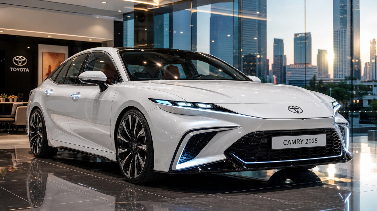 Carro branco Toyota Camry 2025 em showroom com fachada de vidro e cidade ao fundo.