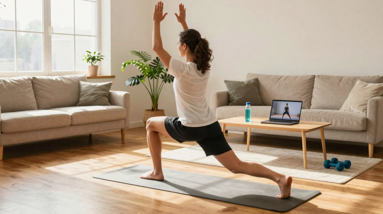 Mulher fazendo alongamento em tapete de yoga na sala, acompanhando aula online no laptop.