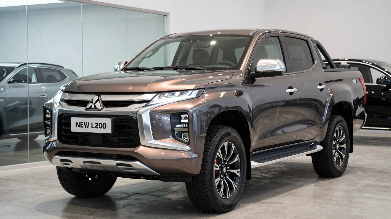 Picape Mitsubishi New L200 cinza estacionada em showroom moderno com parede de vidro ao fundo.