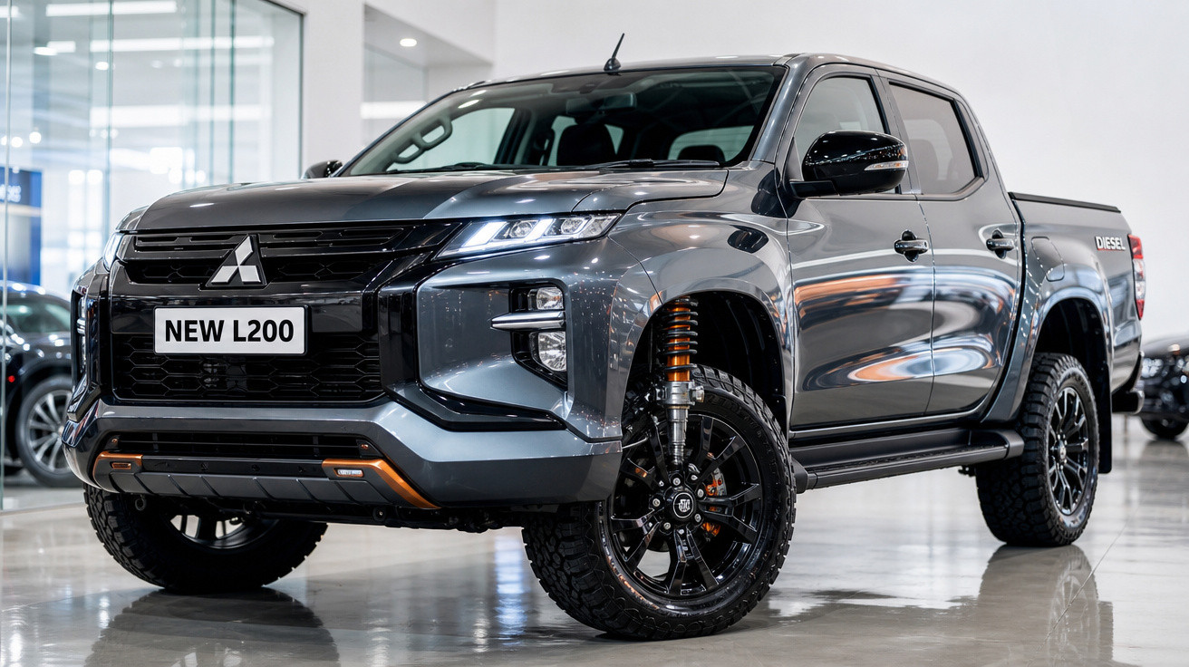 Picape Mitsubishi New L200 cinza estacionada em showroom com destaque para rodas e suspensão reforçada.