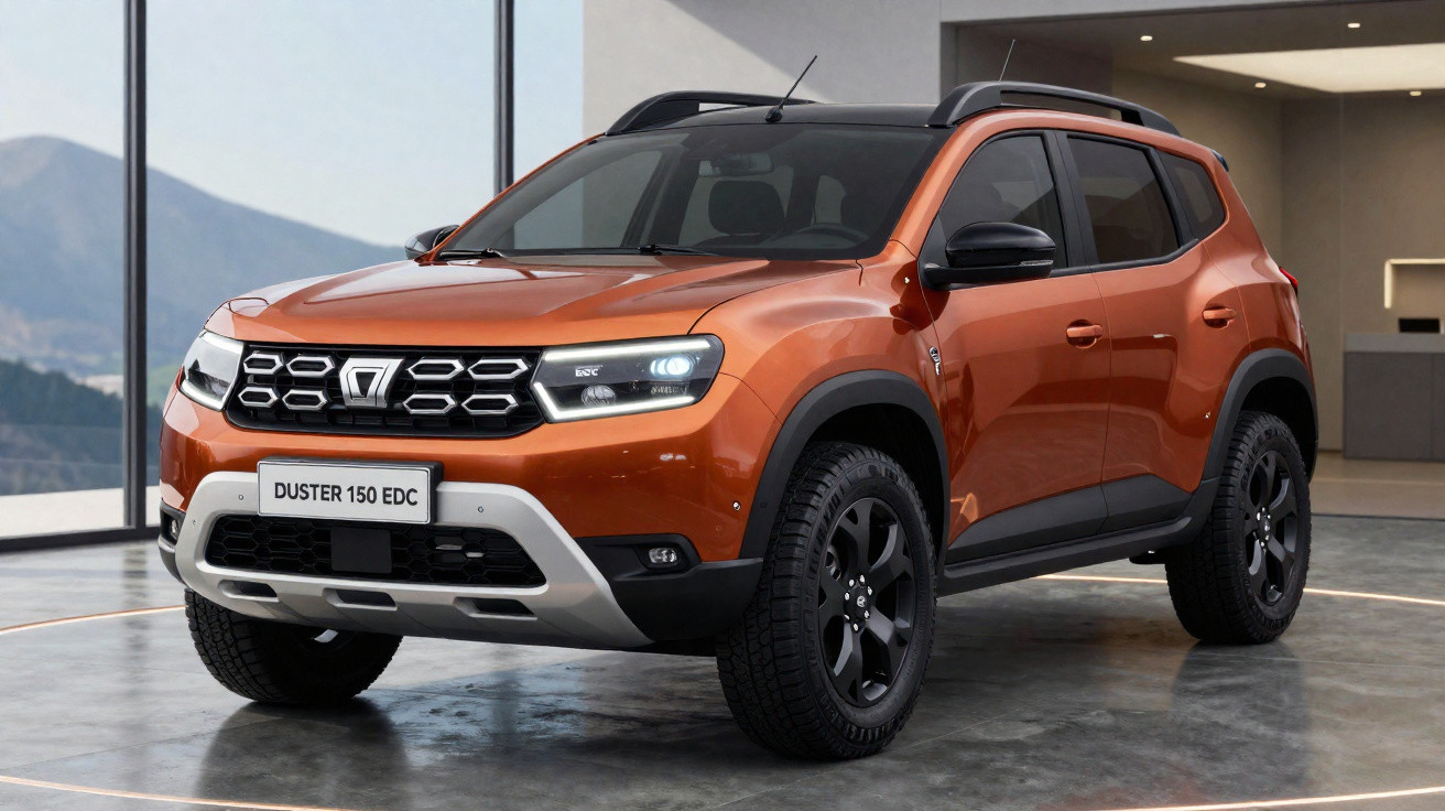 SUV Duster 150 EDC na cor laranja, exibida em ambiente interno moderno com janelas grandes.