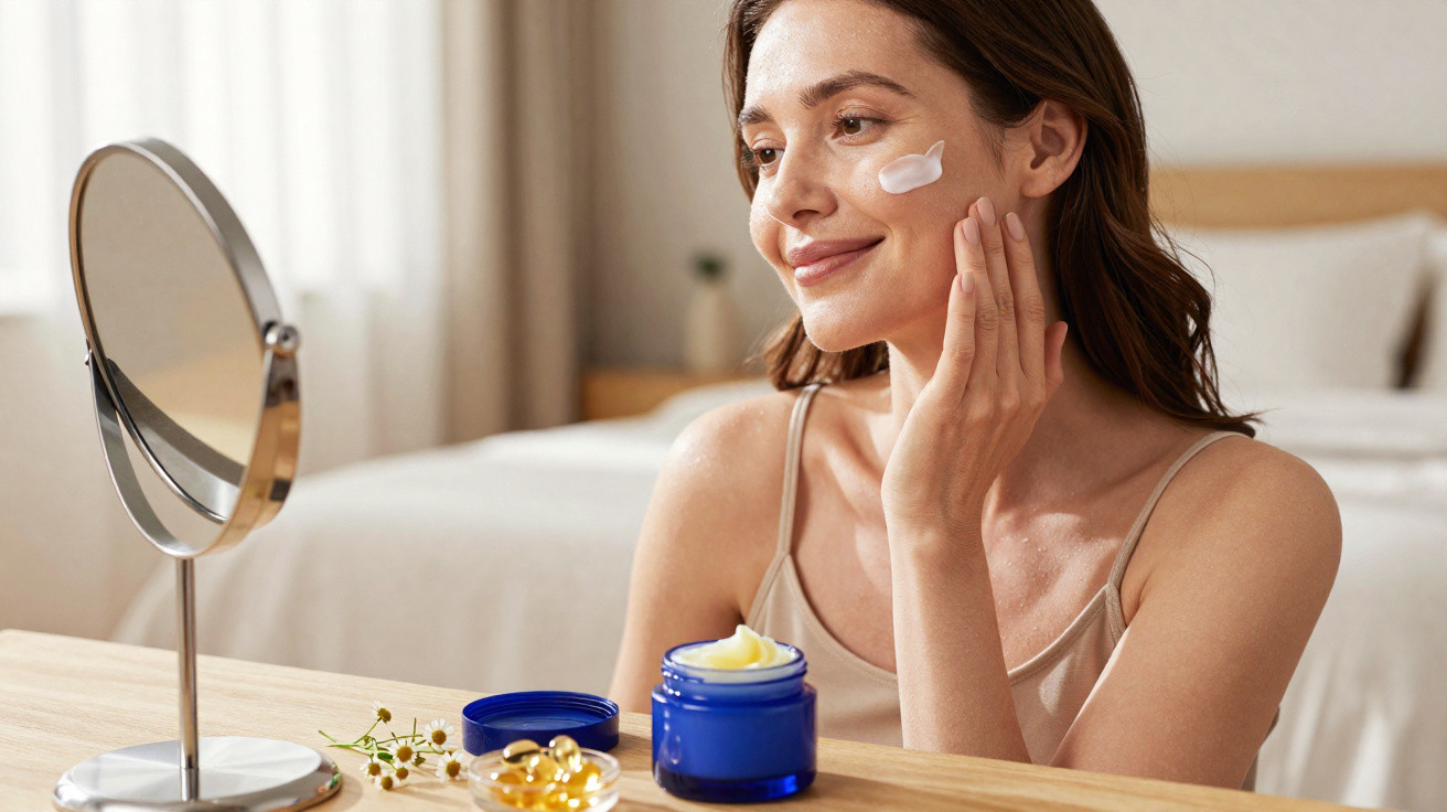 Mulher aplicando creme no rosto em frente a espelho, com pote de creme e cápsulas sobre a mesa.