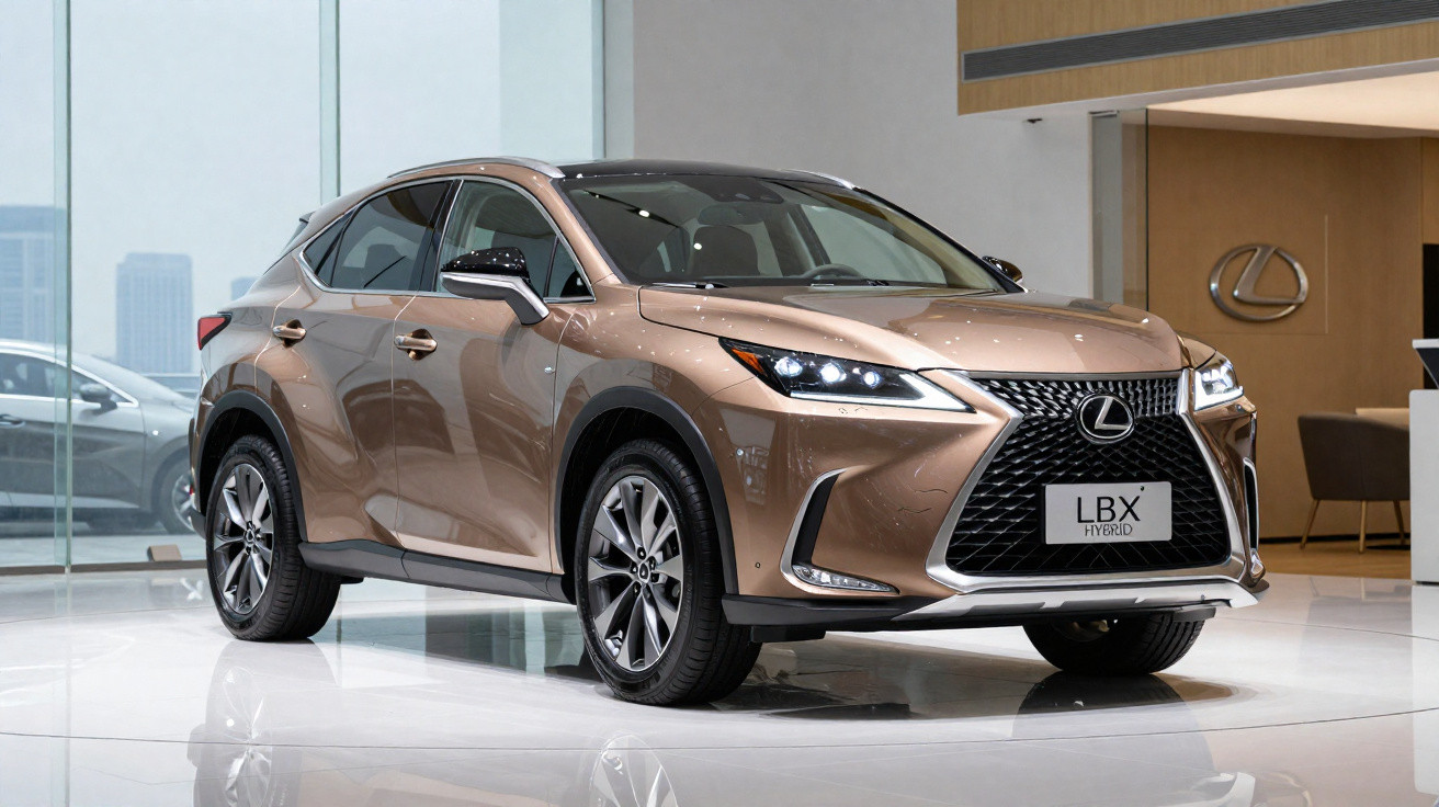 Carro SUV Lexus LBX Hybrid bronze exposto em ambiente interno moderno e iluminado.