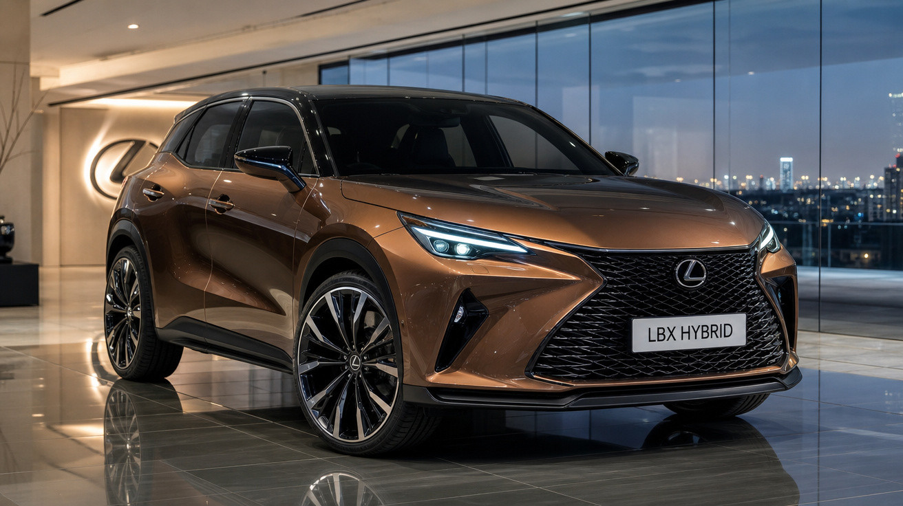 SUV Lexus LBX Hybrid bronze em showroom moderno com janelas de vidro e iluminação ambiente.