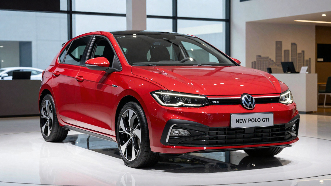 Carro vermelho Volkswagen New Polo GTI exposto em ambiente interno moderno.