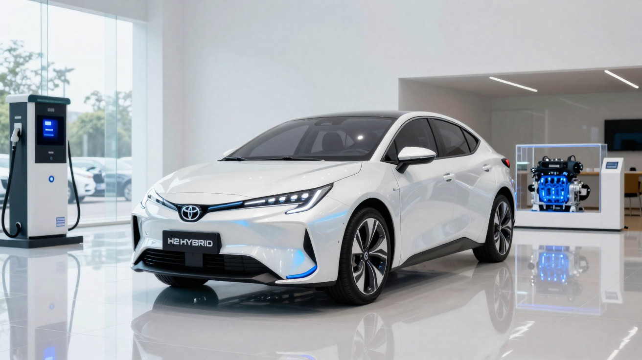 Carro branco Toyota H2 Hybrid em showroom moderno, próximo a estação de recarga elétrica e motor exposto.