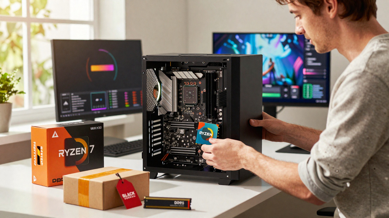 Homem instalando processador Ryzen em gabinete aberto de computador em mesa com monitores e caixas.