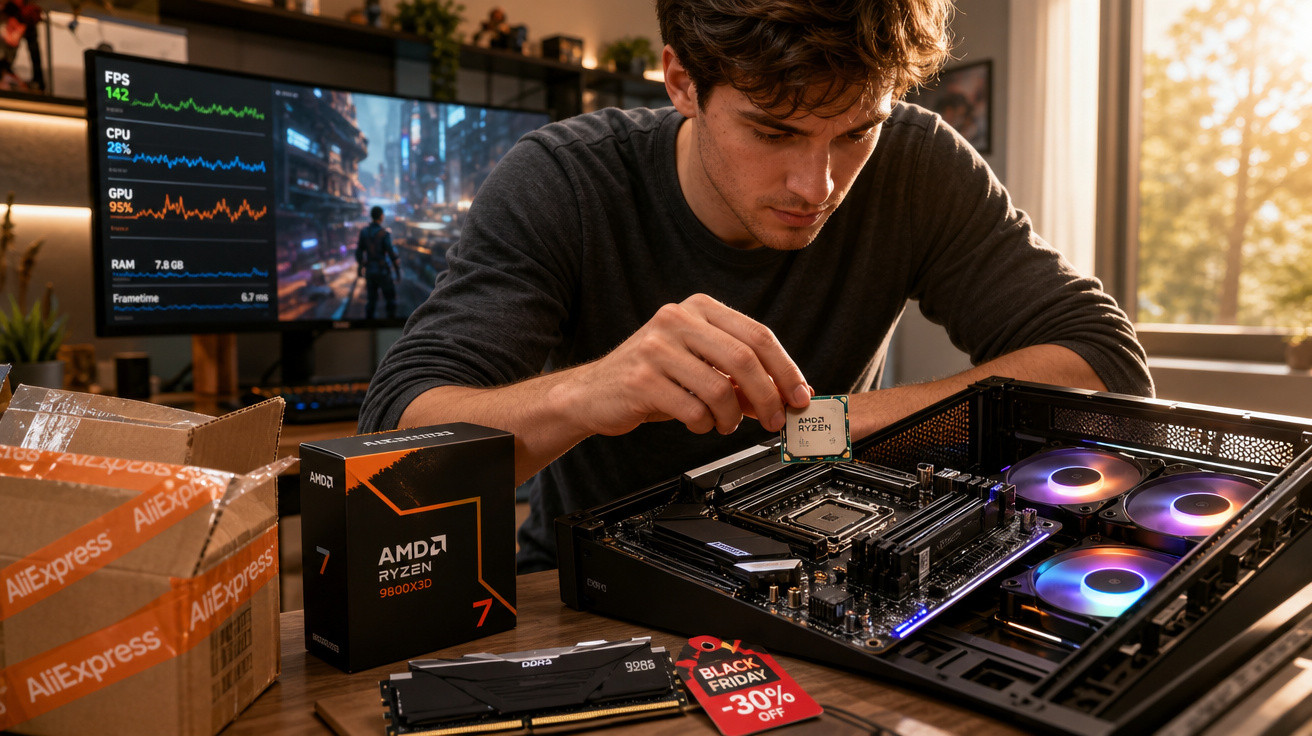 Jovem monta computador colocando processador AMD Ryzen na placa-mãe em mesa com caixa e peças ao redor.