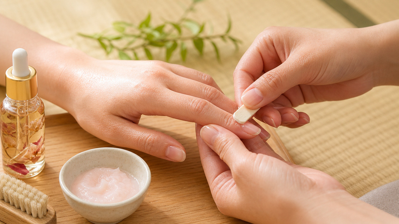 Cuidados com as unhas, mão recebendo esfoliação com lixa em ambiente de spa com óleo e creme.