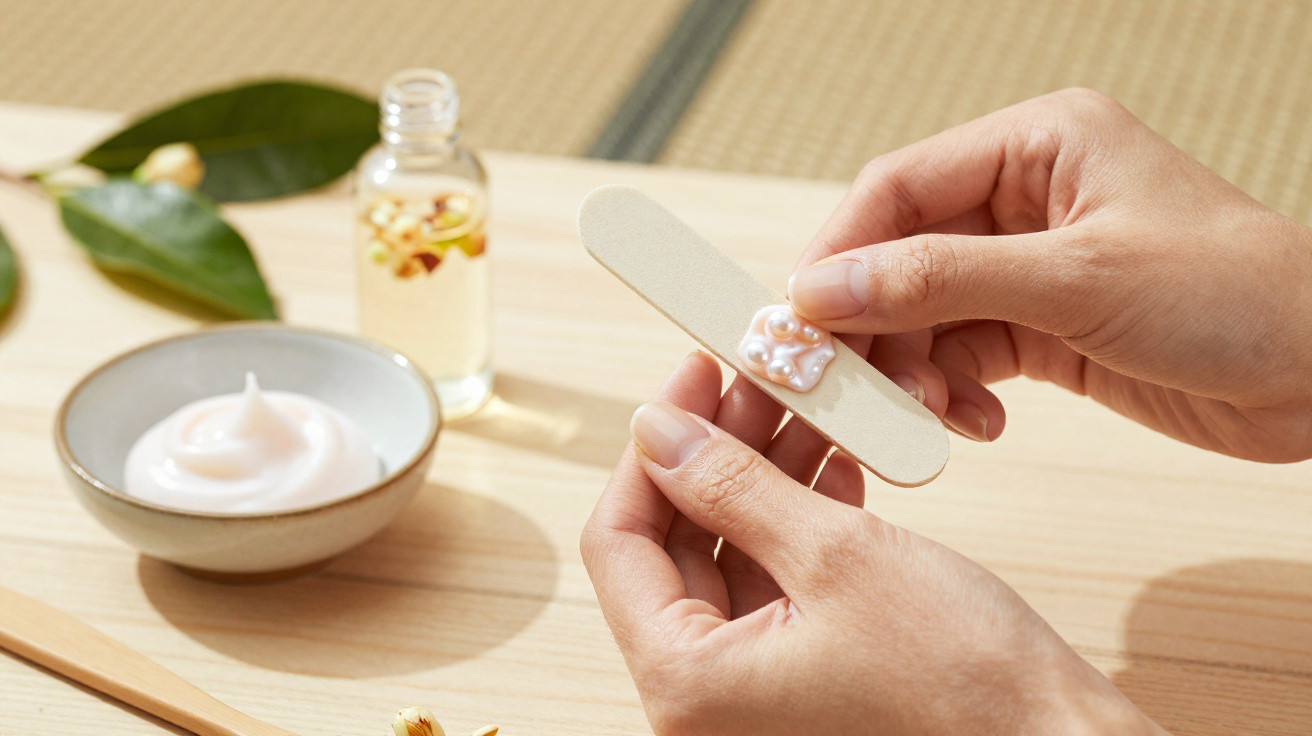 Mãos femininas aplicando creme em uma lixa de unha com creme e óleo essenciais ao fundo.