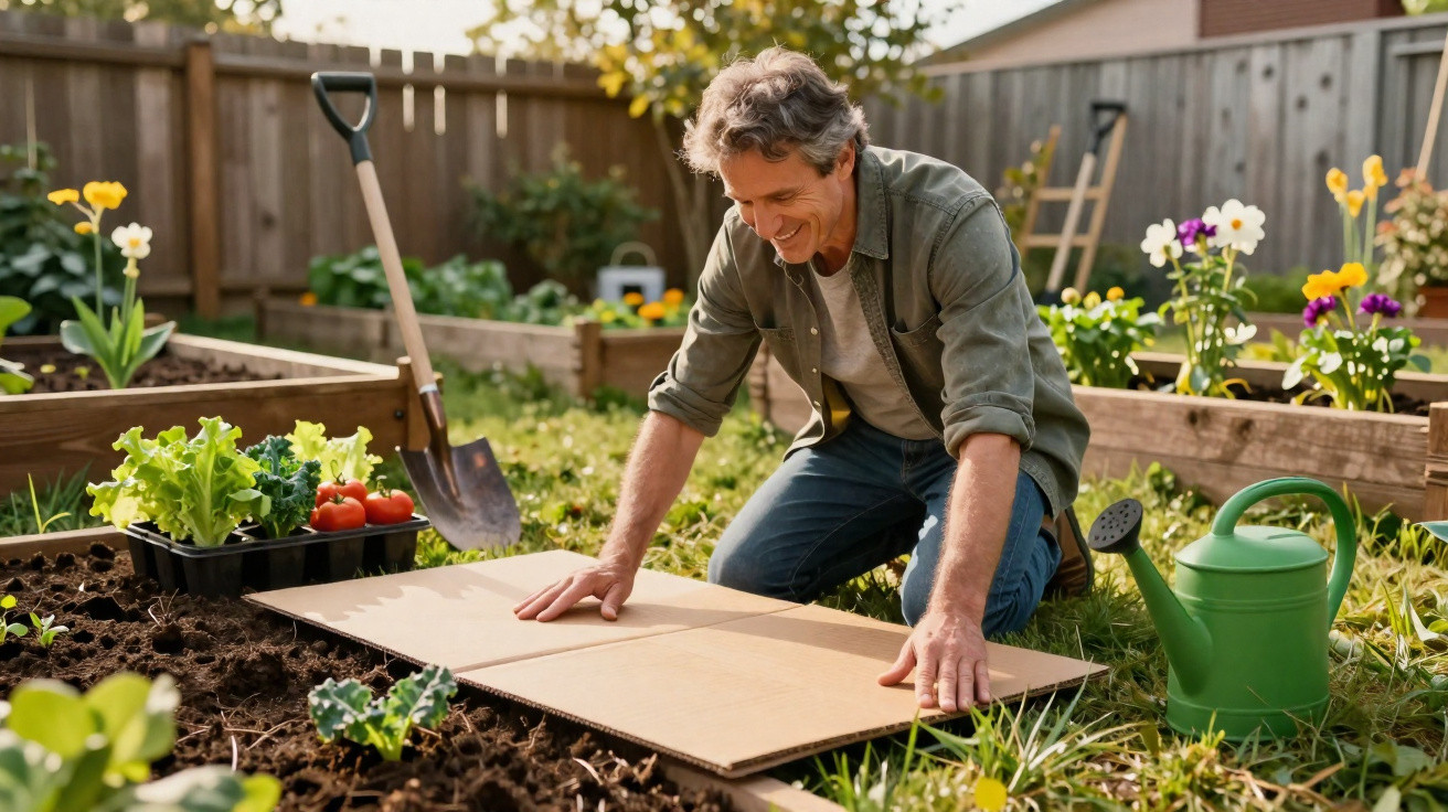 Homem preparando terreno no jardim com ferramentas e plantas ao redor em dia ensolarado