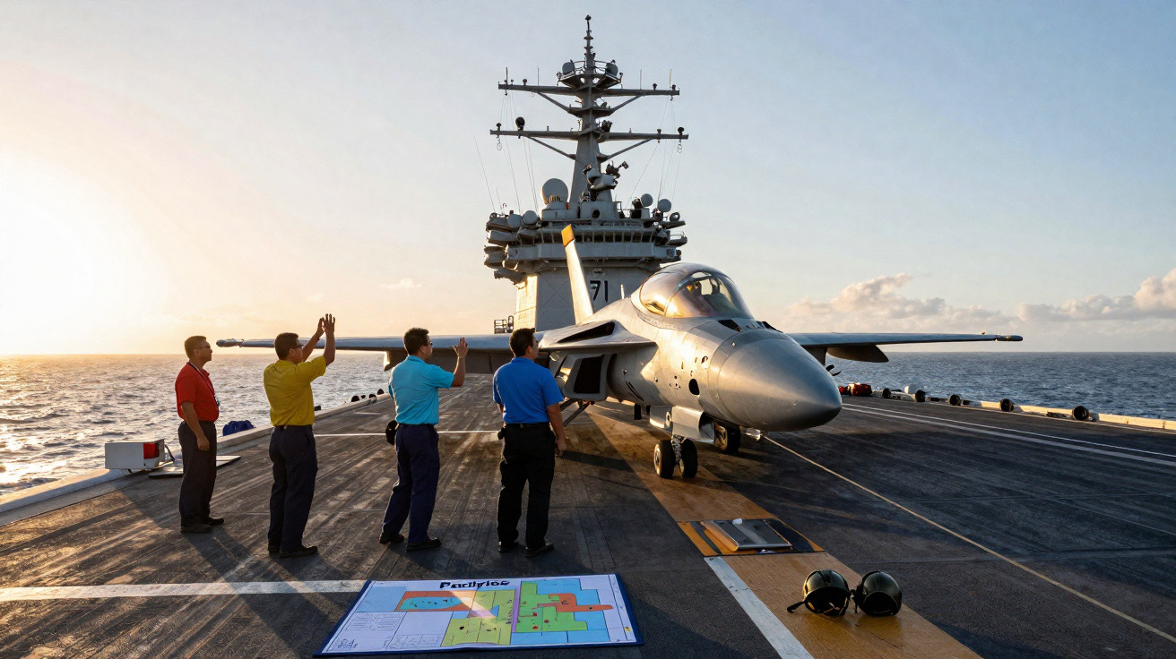 Quatro homens indicam para um caça naval em porta-aviões ao pôr do sol no mar.