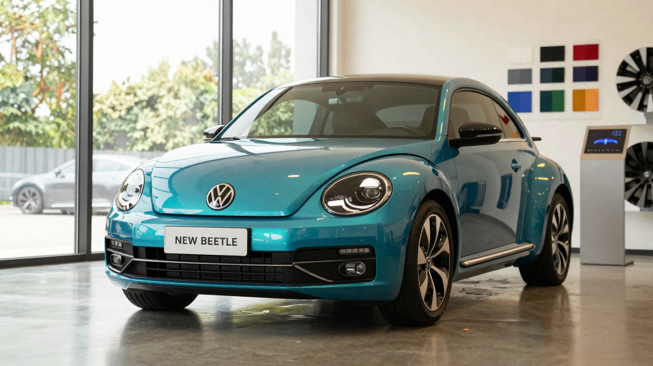 Carro Volkswagen New Beetle azul exposto em showroom com janela ao fundo e decoração na parede.