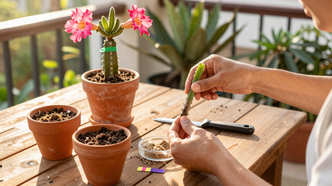 Pessoa propagando cacto com flores rosas em vaso, com utensílios de jardinagem sobre mesa de madeira.
