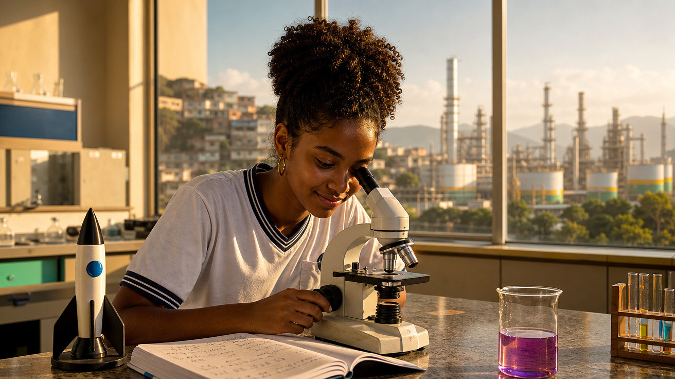 Jovem cientista negra observa amostra no microscópio em laboratório com planta industrial ao fundo.