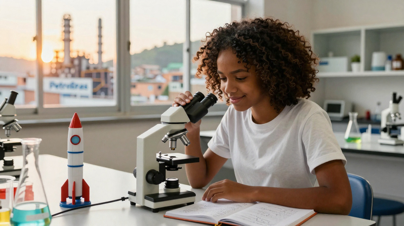 Jovem estudiosa usando microscópio em laboratório com livros, foguete de brinquedo e frascos coloridos na mesa.
