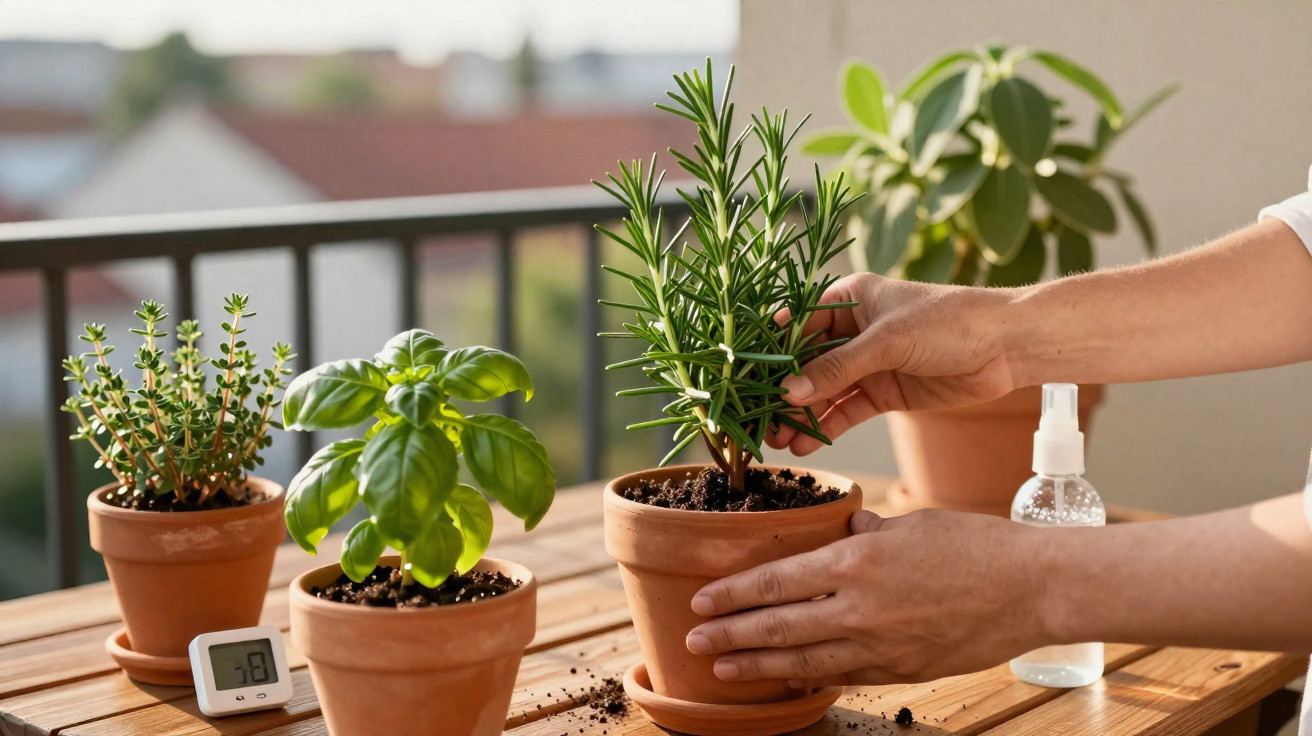 Mãos cuidando de plantas em vasos de cerâmica sobre mesa de madeira em área externa.