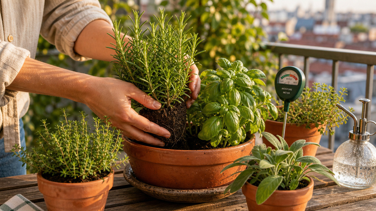 Pessoa transplantando planta de alecrim em vaso com outras ervas, medidor de umidade e borrifador ao redor.