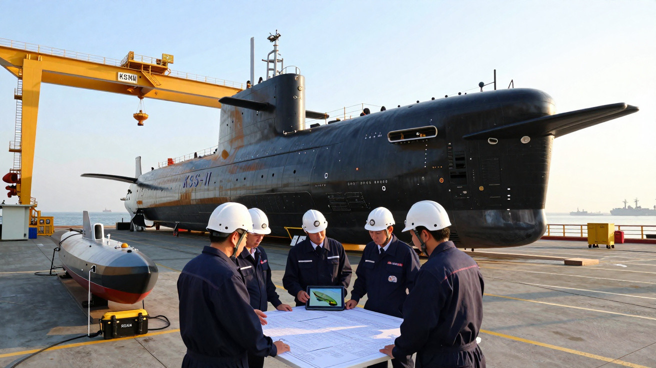 Cinco homens com capacetes brancos revisam planos perto de um submarino preto no cais ao pôr do sol.