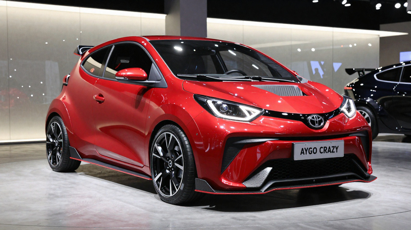 Carro esportivo compacto Toyota Aygo Crazy vermelho exposto em salão automotivo.