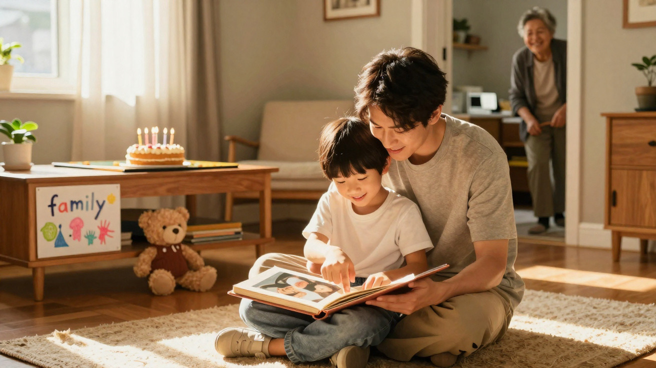 Pai e filho lendo livro juntos no tapete, avó sorri ao fundo em sala iluminada por luz natural.