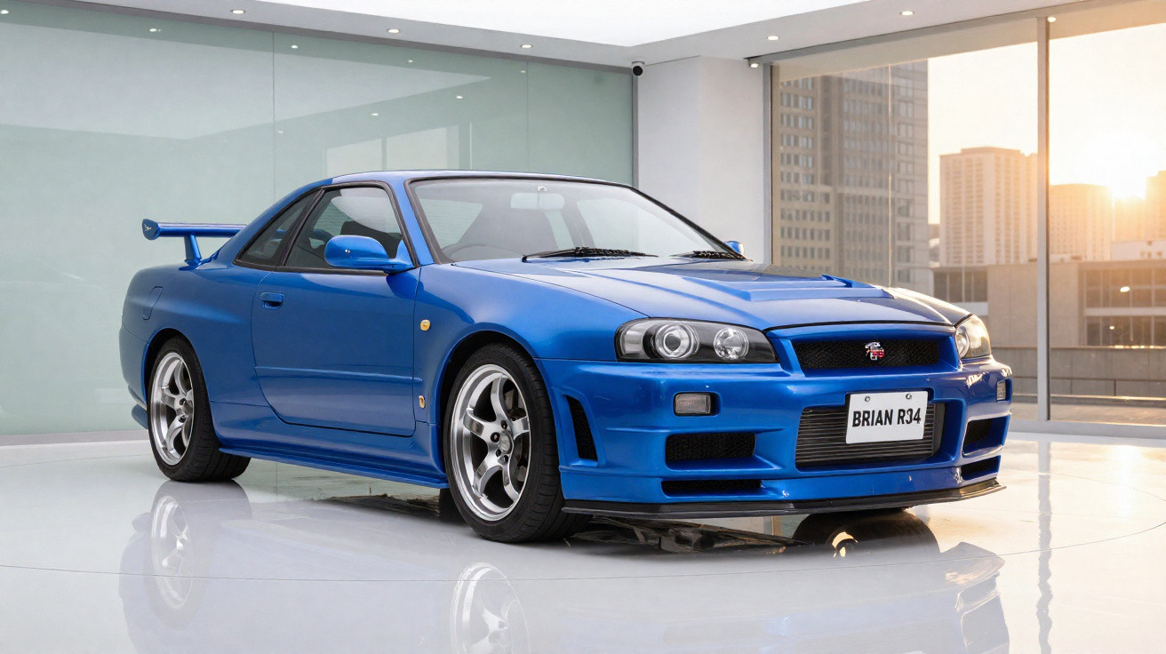 Carro esportivo azul Nissan Skyline R34 GT-R em garagem moderna com janelas grandes e vista urbana.