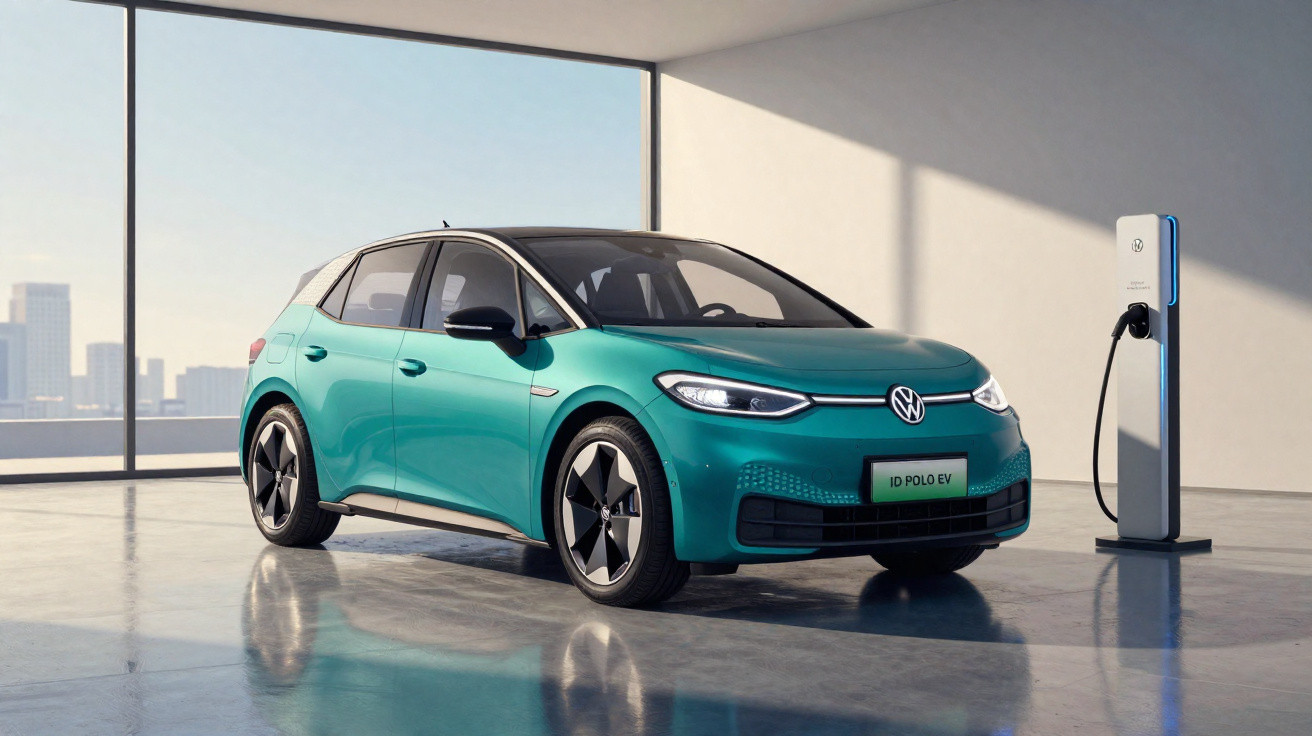 Carro elétrico Volkswagen ID. Polo EV azul sendo carregado em estação dentro de garagem iluminada.