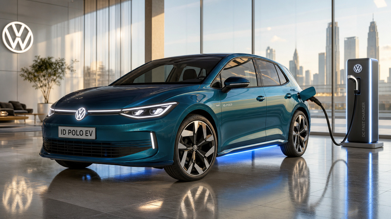 Carro elétrico Volkswagen ID. Polo EV azul em carga rápida dentro de ambiente moderno com vista urbana.