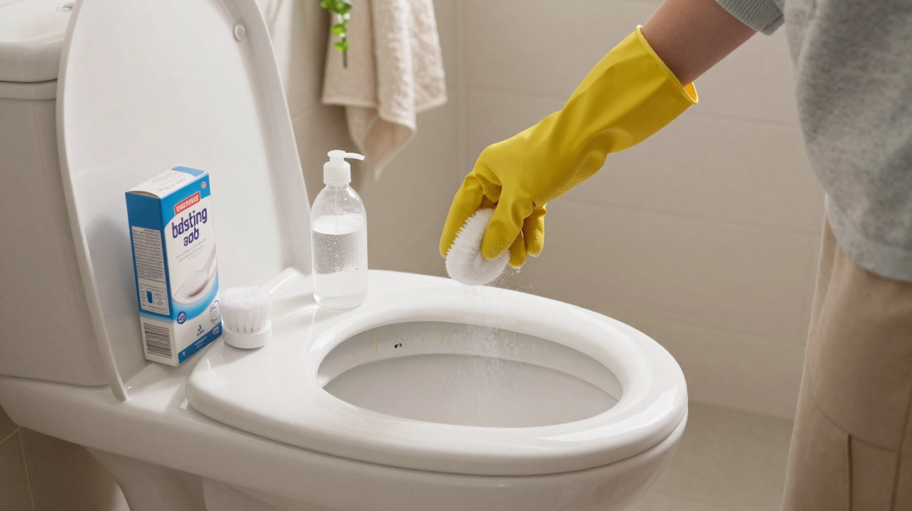Pessoa com luva amarela limpando vaso sanitário branco com escova e produto de limpeza.