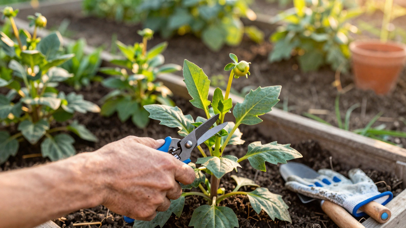 Mão podando planta jovem com tesoura de jardinagem em canteiro, luvas e ferramenta ao lado no solo.