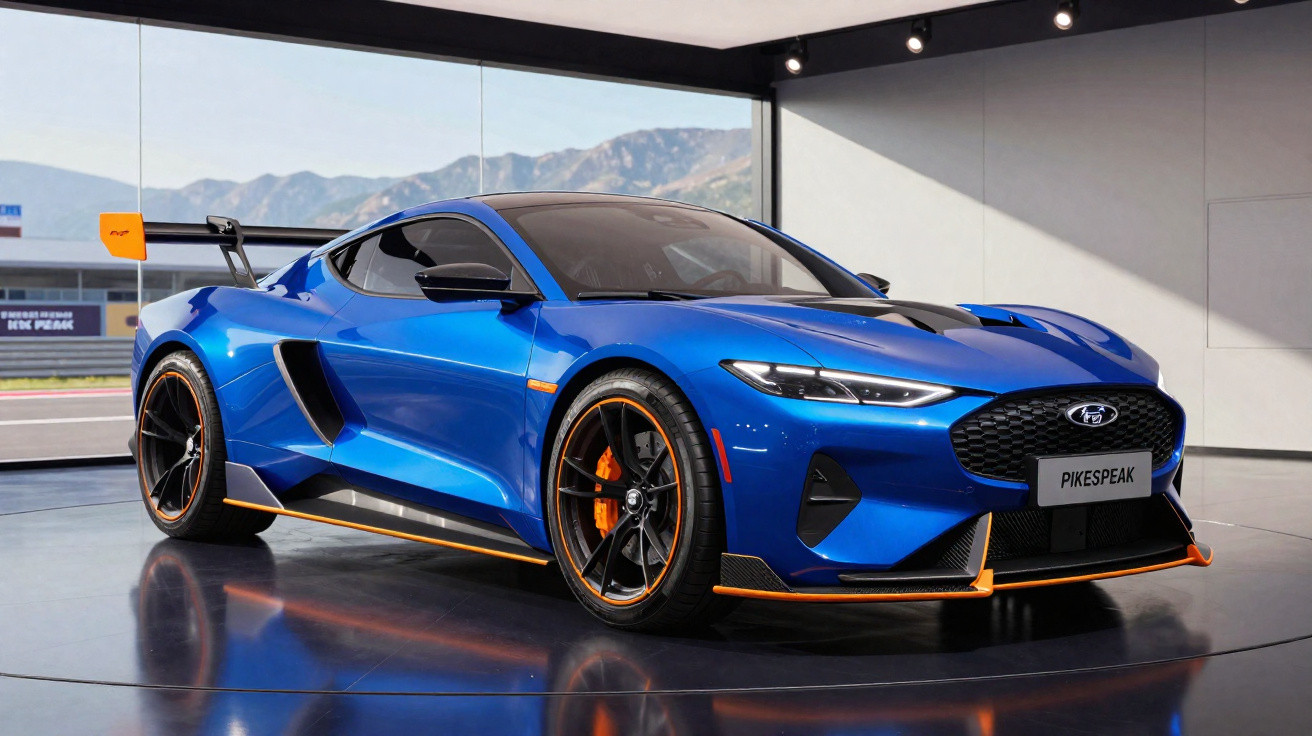 Carro esportivo azul com detalhes laranja em um salão com vidro e montanhas ao fundo.