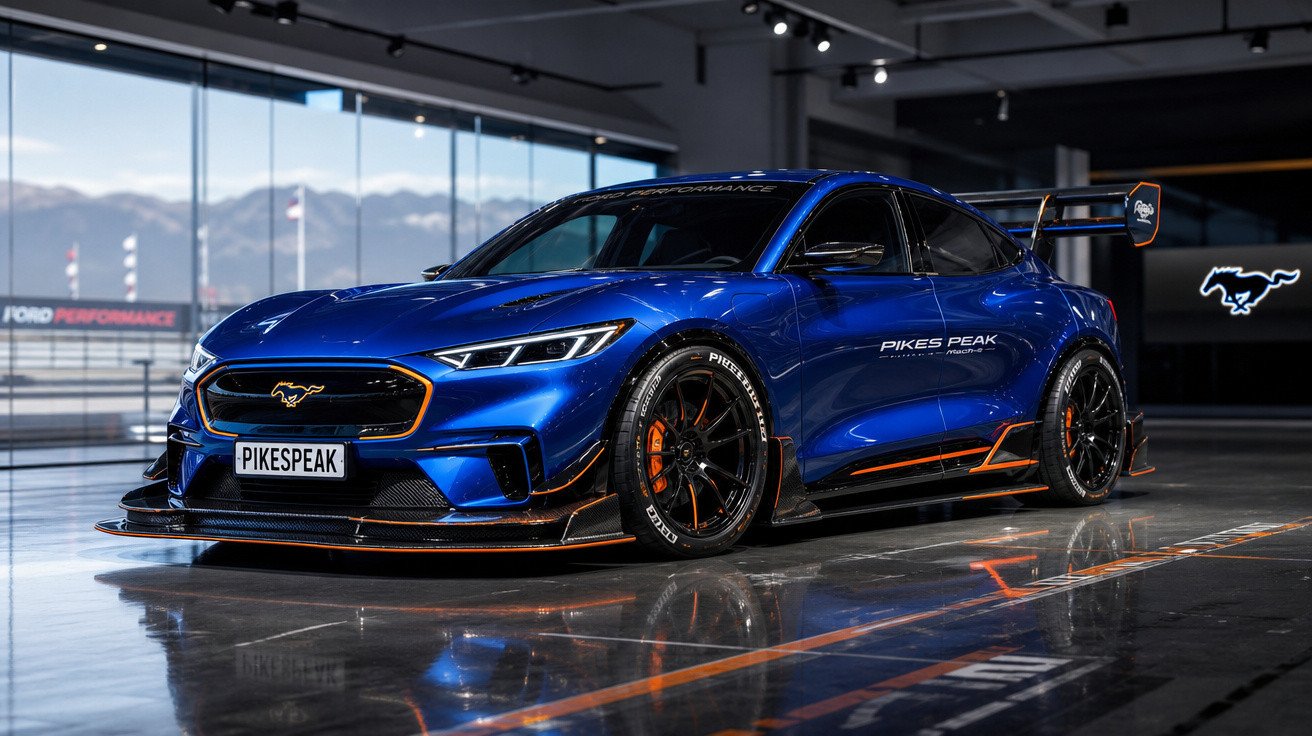 Carro esportivo Ford Mustang Mach-E azul Pikes Peak em garagem com detalhes laranja.
