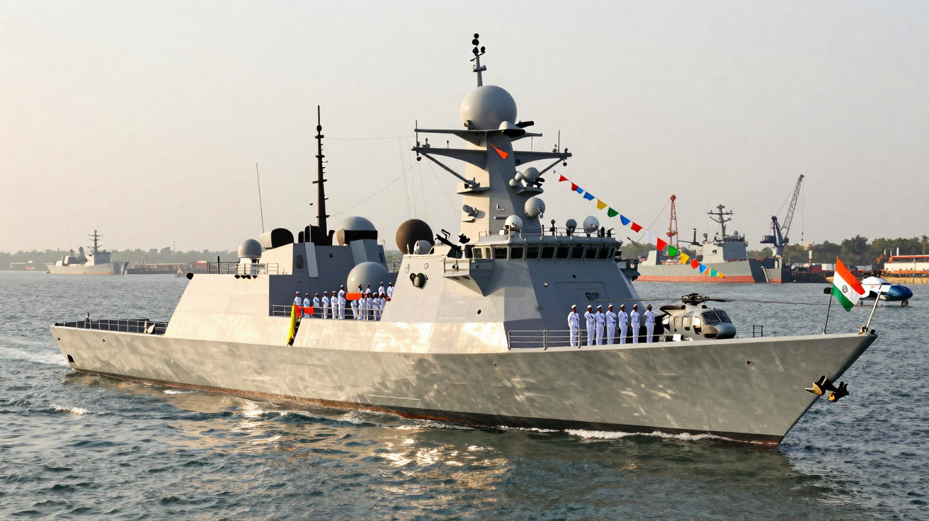 Navio de guerra cinza com tripulação alinhada no convés e bandeira da Índia navegando em água calma.