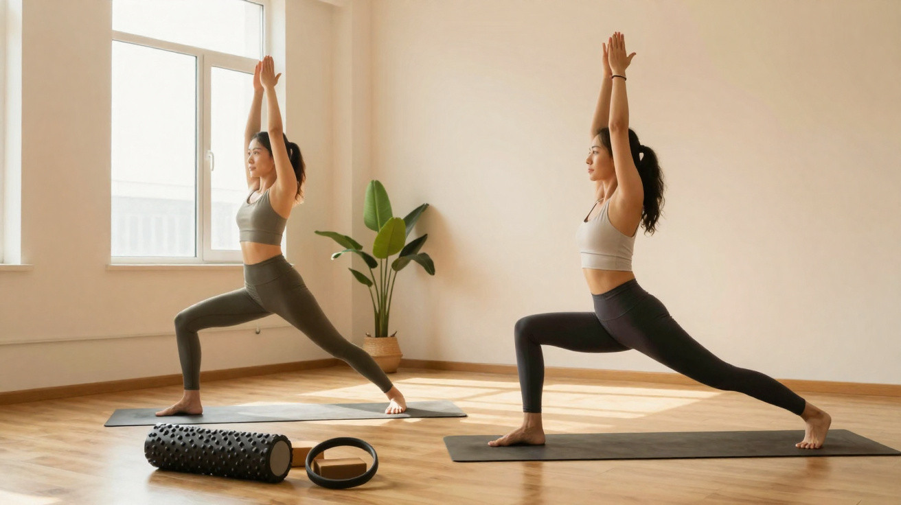 Duas mulheres fazendo pose de yoga guerreiro em um estúdio iluminado e arejado.