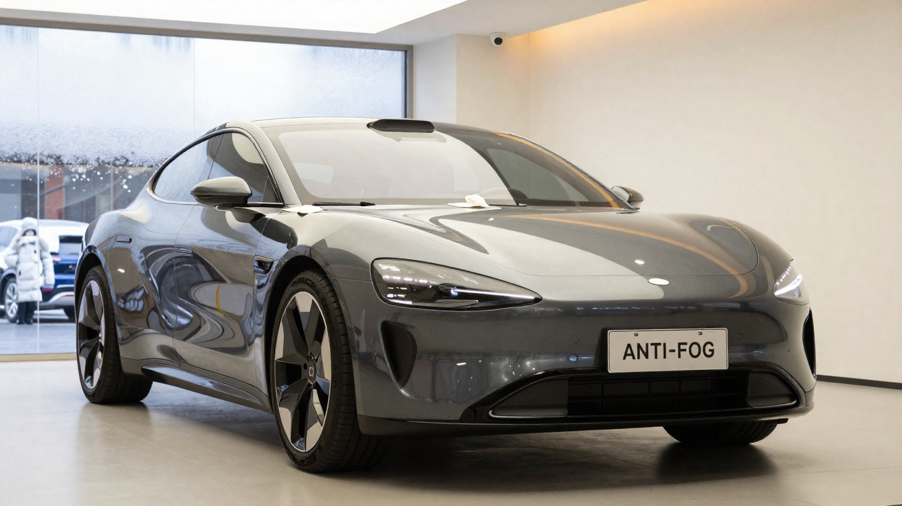 Carro elétrico cinza moderno estacionado em showroom com placa "ANTI-FOG" visível na frente.
