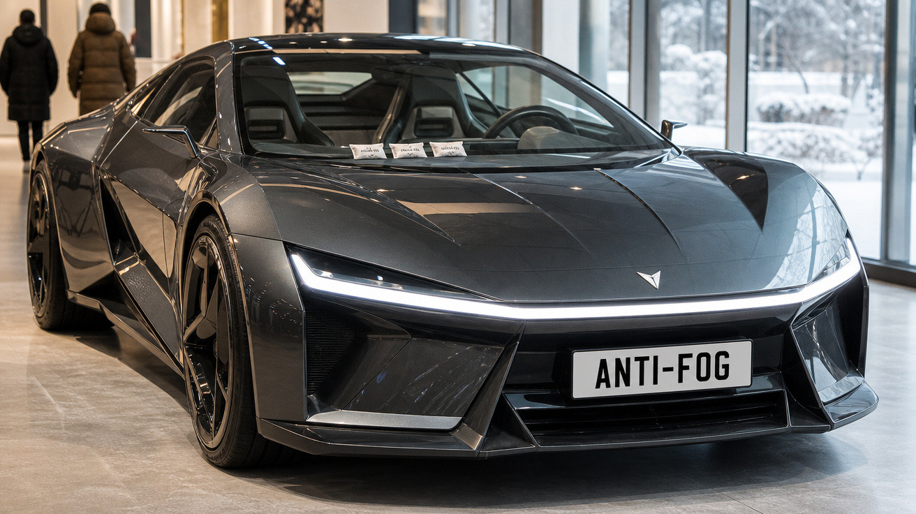 Carro esportivo elétrico preto com design futurista exibido em ambiente interno, placa com texto "ANTI-FOG".