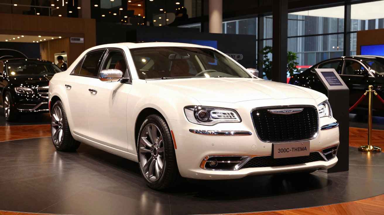 Carro sedan branco Chrysler 300C-Thema exibido em salão automotivo iluminado.