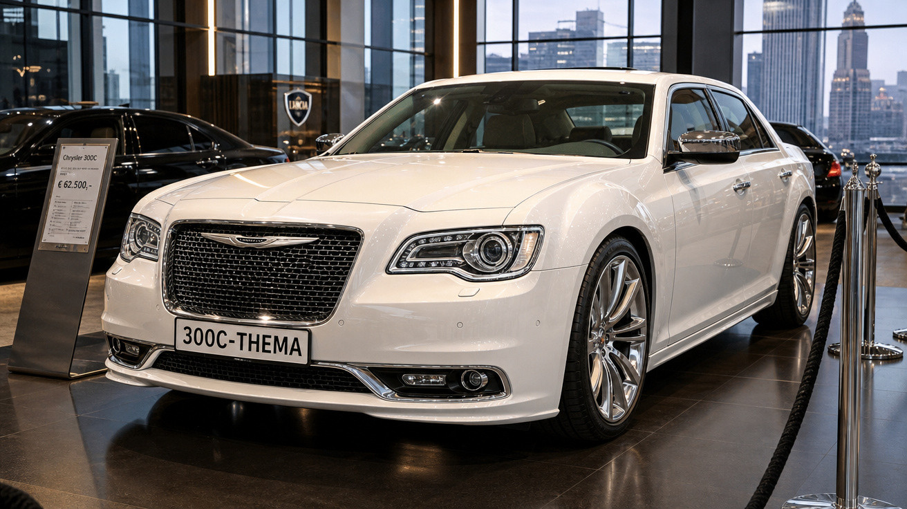 Carro branco Chrysler 300C exposto em showroom moderno com grandes janelas e vista para prédios altos.