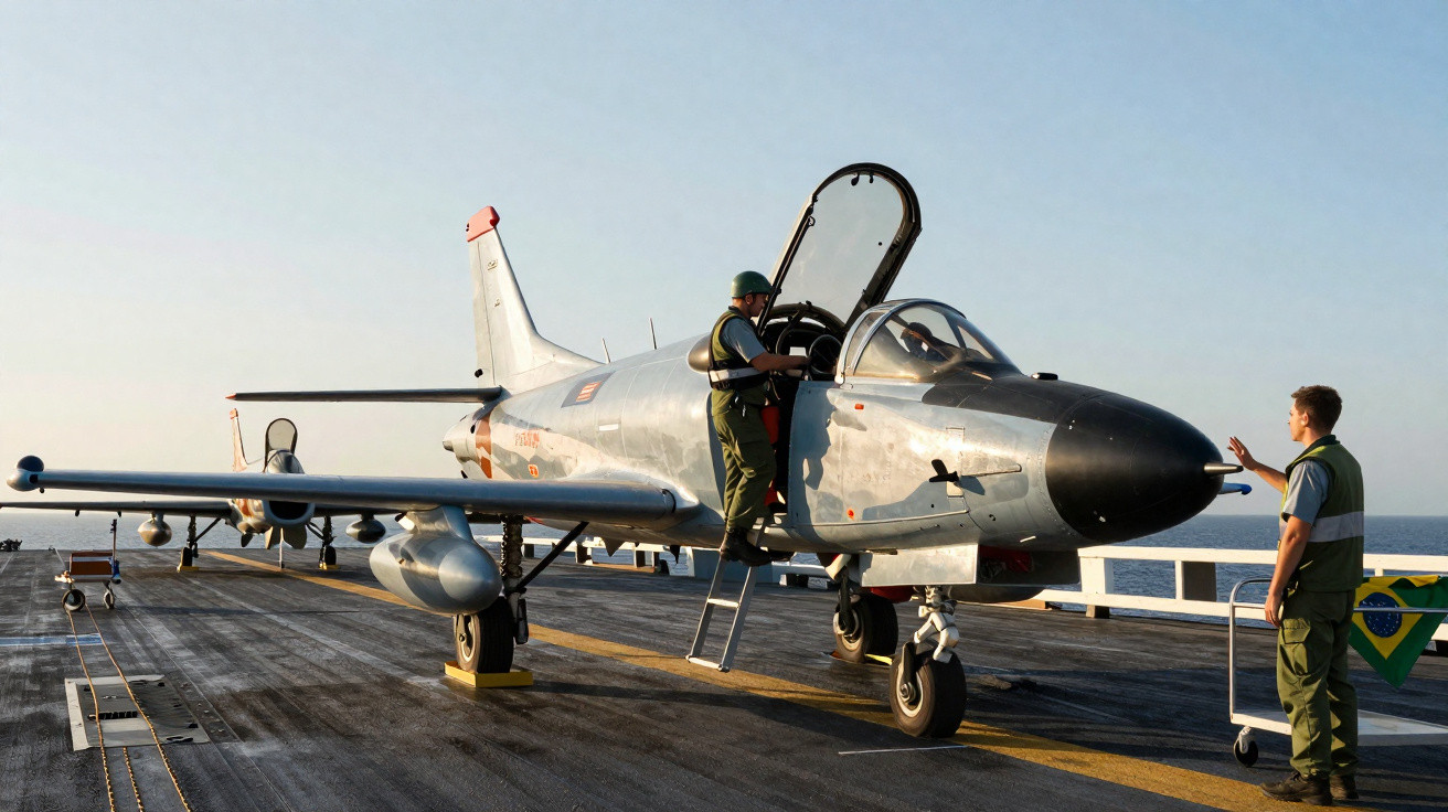 Aeronave militar no convés de um navio com dois militares em uniforme realizando inspeção.