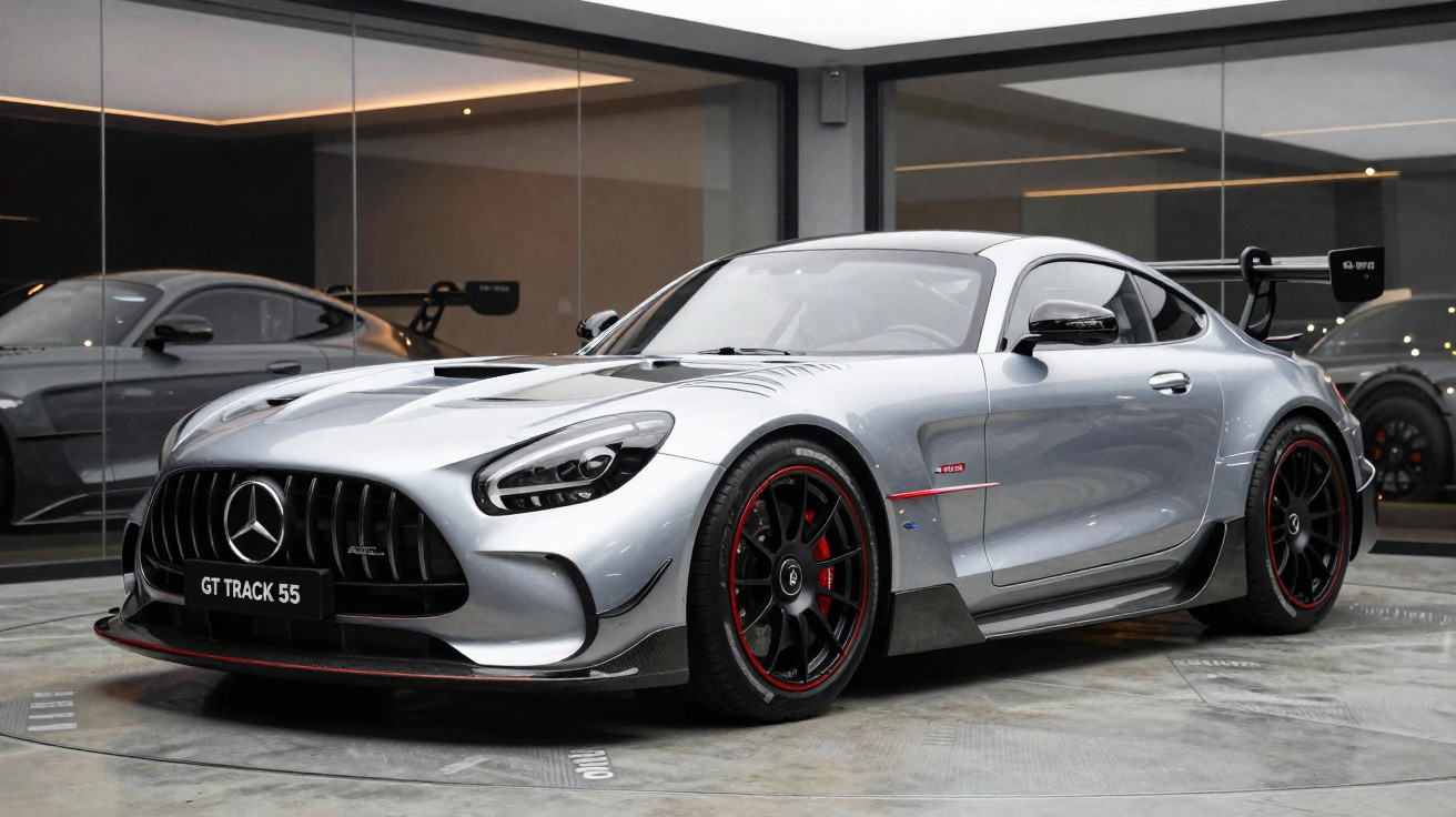Carro esportivo Mercedes GT Track 55 prata em exposição interna com rodas pretas e detalhes vermelhos.