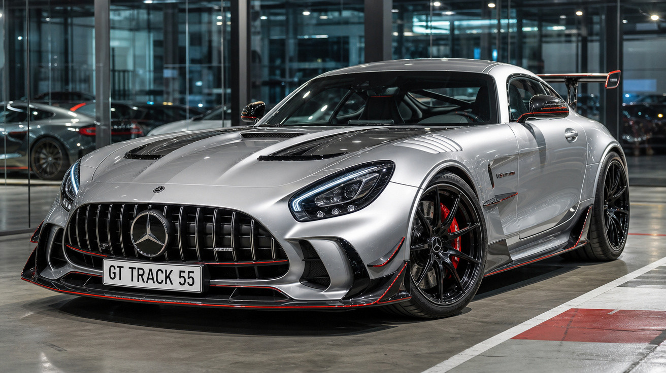 Carro esportivo Mercedes-AMG prata com detalhes em vermelho, rodas pretas e aerofólio, estacionado em garagem.