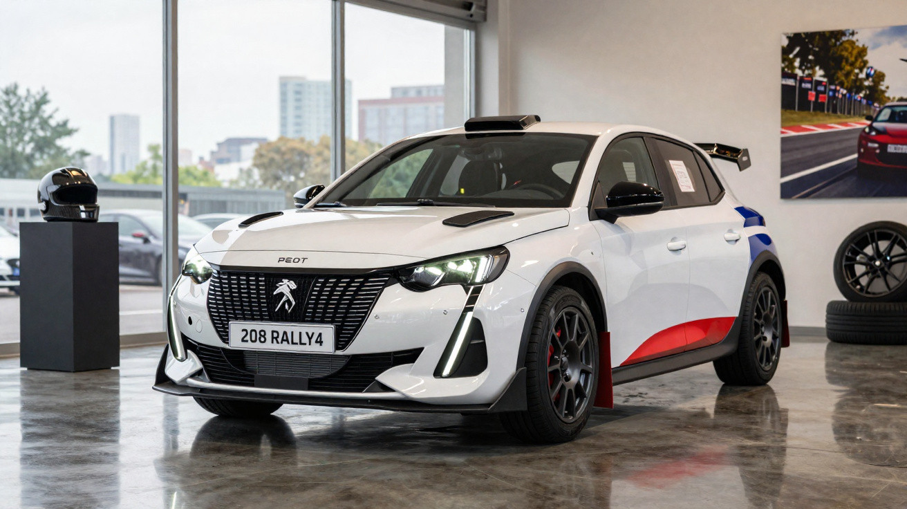 Carro branco Peugeot 208 Rally4 exposto em showroom com detalhes em vermelho e azul.